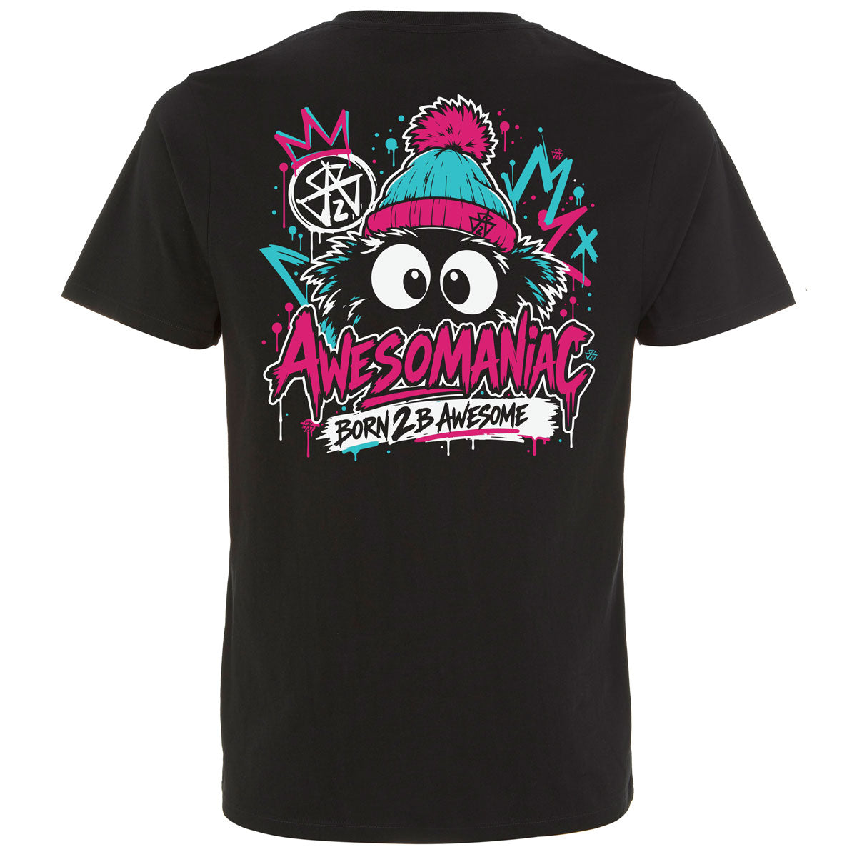AWESOMANIAC 26 Herren T-Shirt – großer Eddie-Graffiti-Backprint mit Bommelmütze