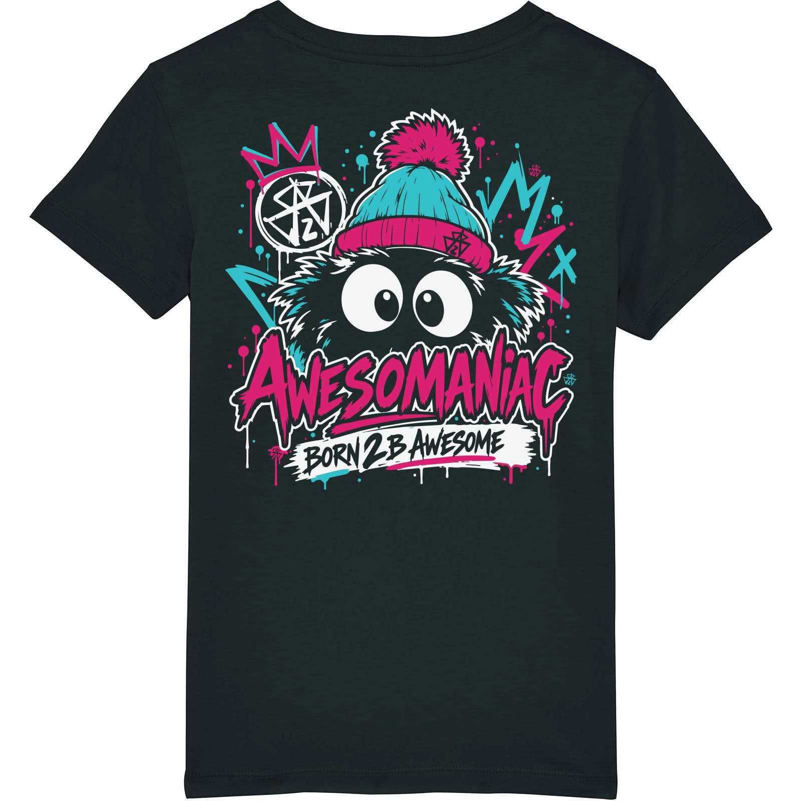 MANIAC26 Kids T-Shirt – Awesomaniac Graffiti-Backprint in Pink und Türkis