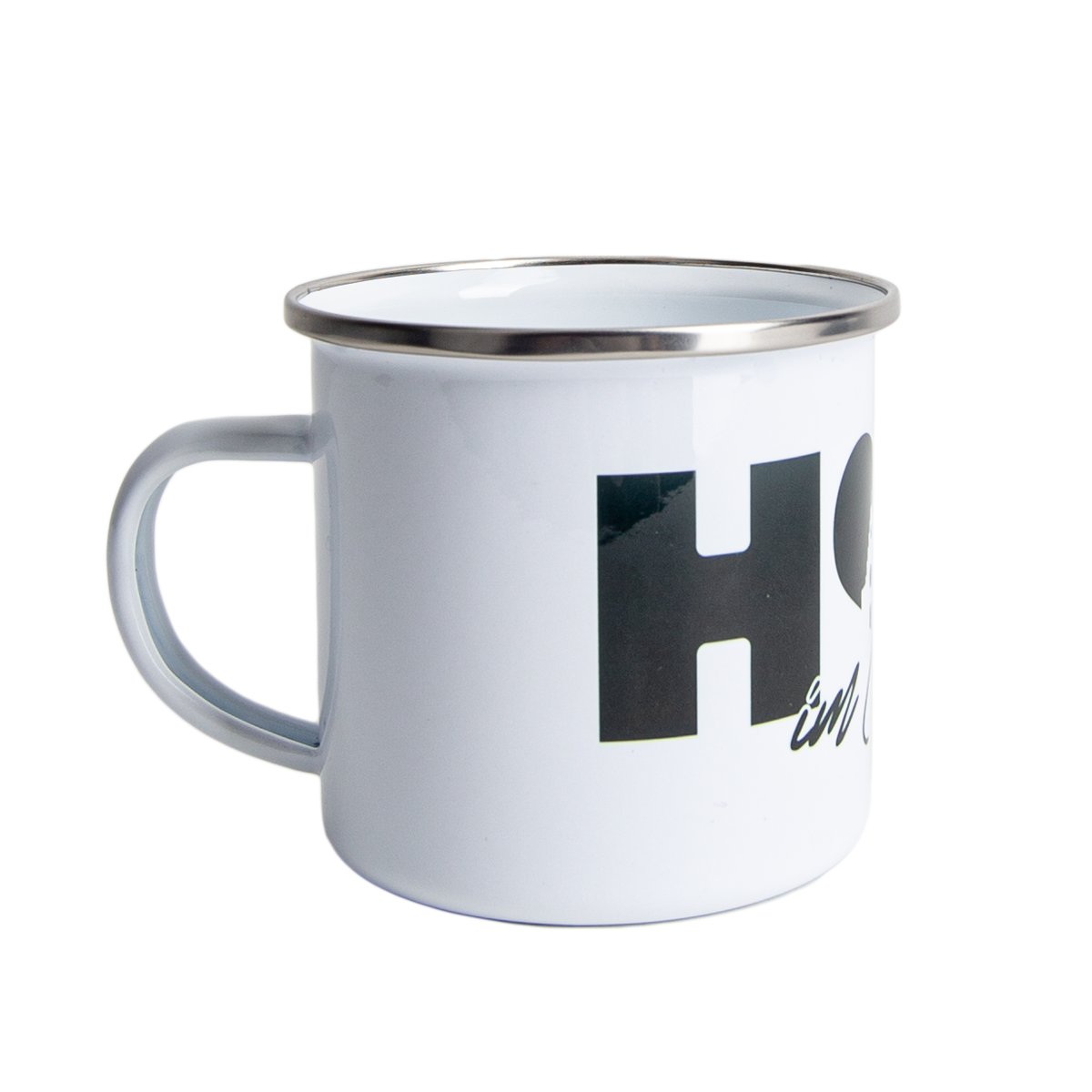 Coffee Cup "Hot im Herzen" Emaille