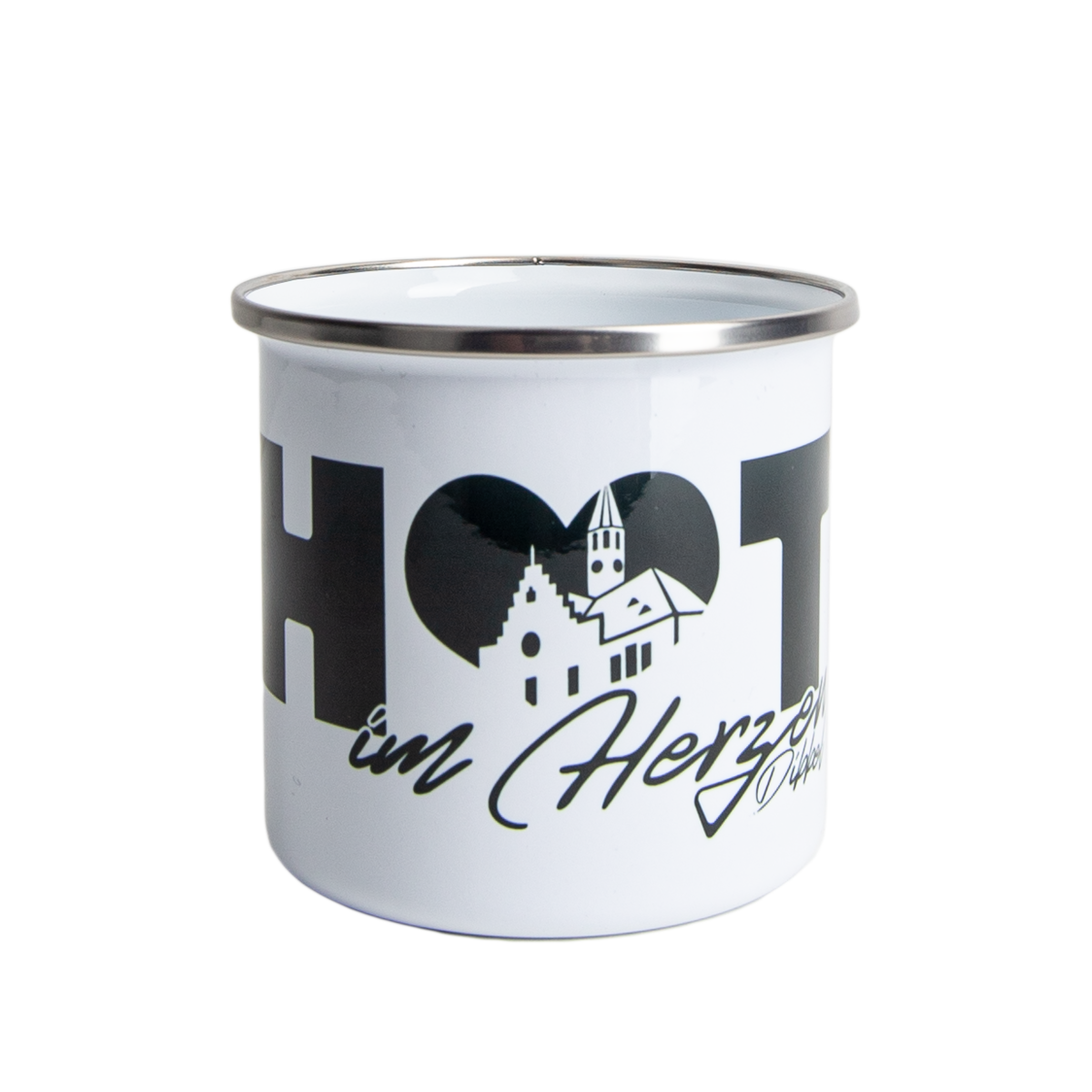 Coffee Cup "Hot im Herzen" Emaille