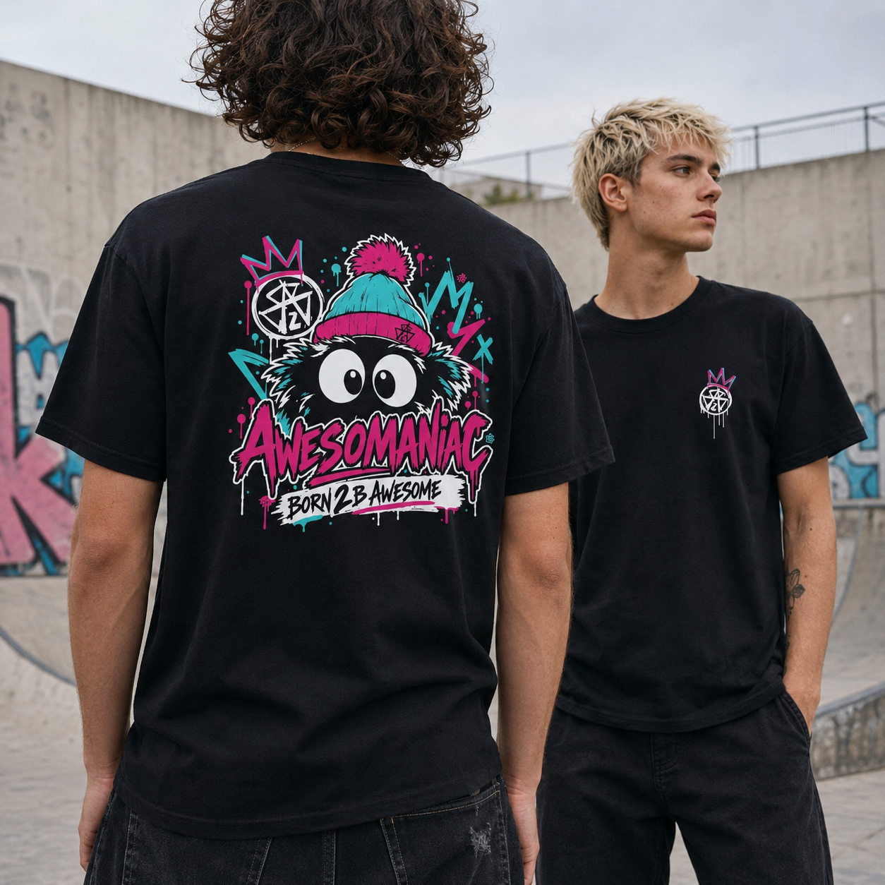 AWESOMANIAC 26 Herren T-Shirt – getragen von zwei Models