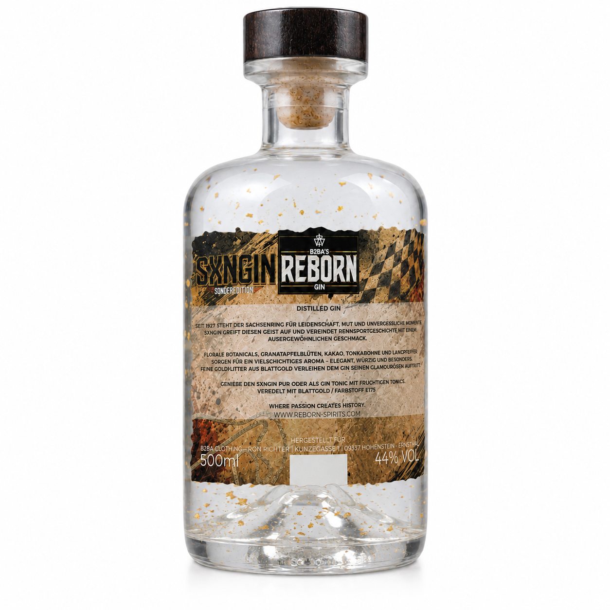 REBORN SXNGIN Sonderedition 100 Jahre Sachsenring – Flasche Rückseite mit Zutaten und Alkoholgehalt