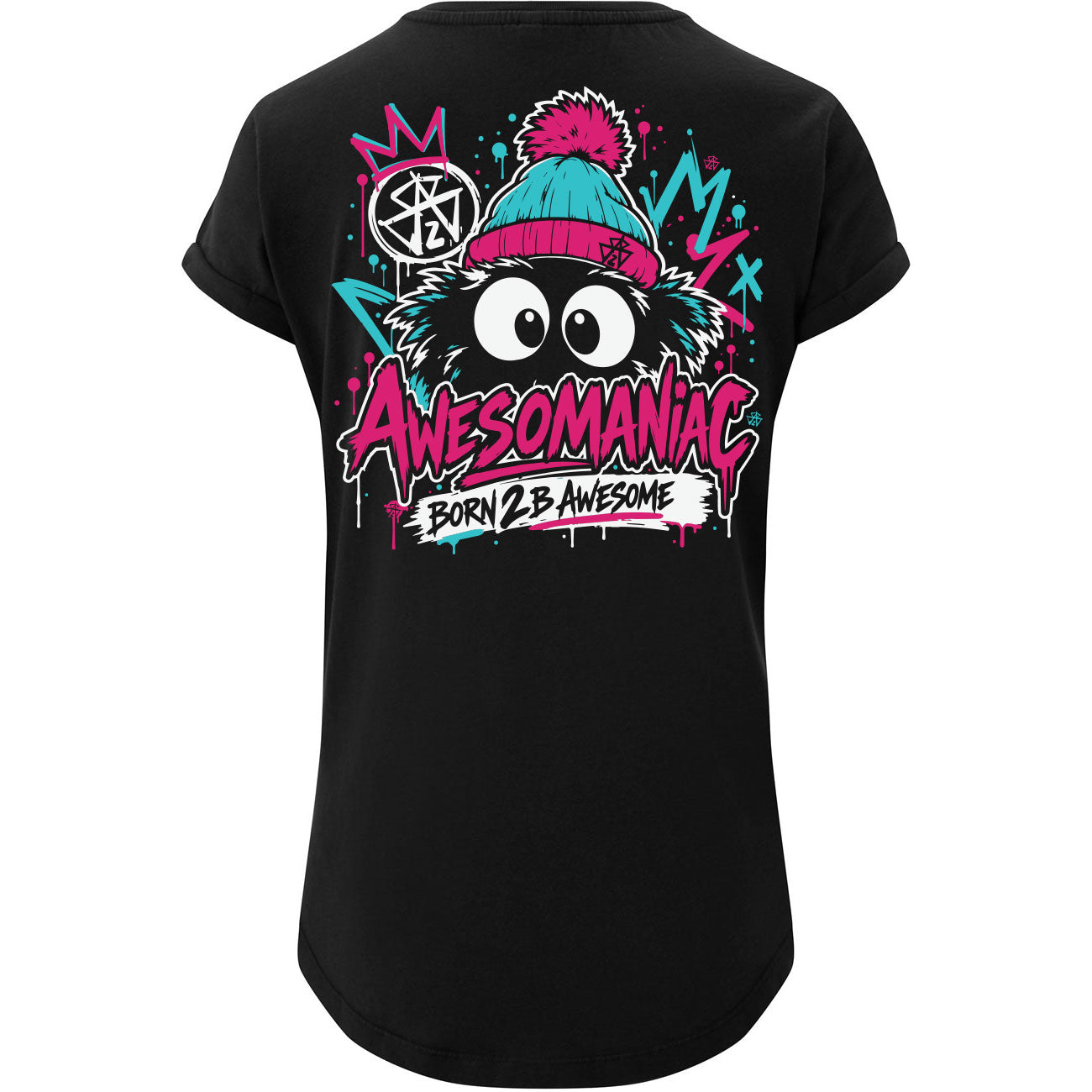 MANIAC26 Girlie T-Shirt – Awesomaniac Graffiti-Backprint in Pink und Türkis